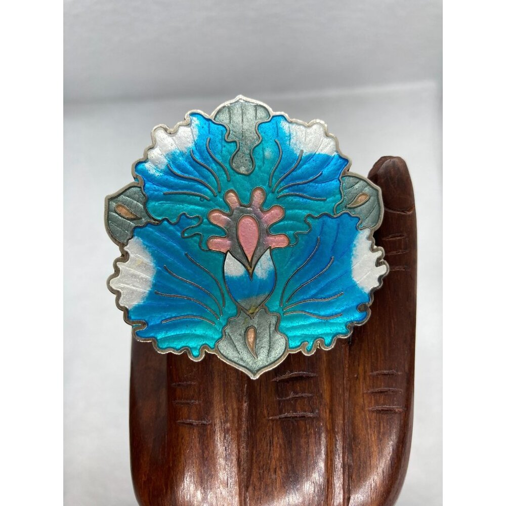 Art Nouveau Vintage Enamel Blue Iris Flower Floral Necklace Pendant Signed CJ